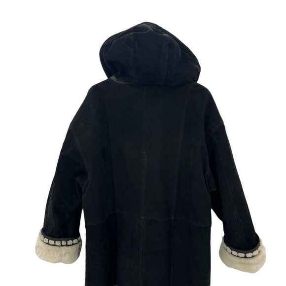 Vintage Sin by Morgan Cooper Black Suede Faux Fur Hooded Trench Coat Jacket L - Picture 8 of 16